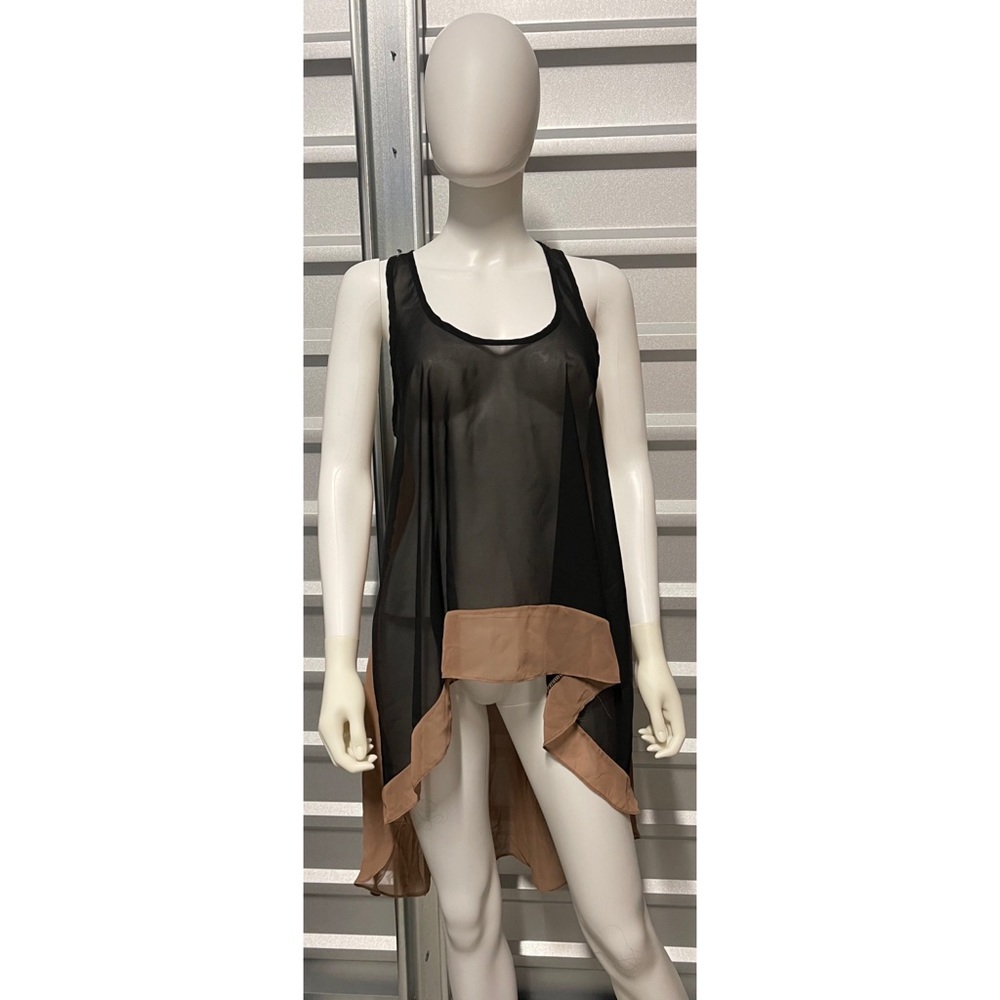 Tan Brown & Black Sheer High Low Umbrella Coverup Top - Picture 3 of 8